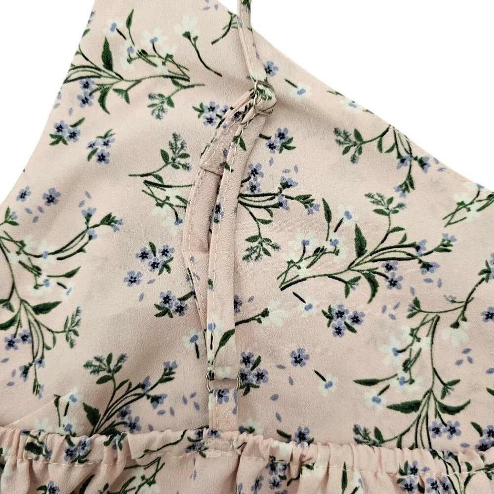 Romwe Balletcore Pink Ditsy Floral V-Neck Above Knee Dress Sz 4/Small